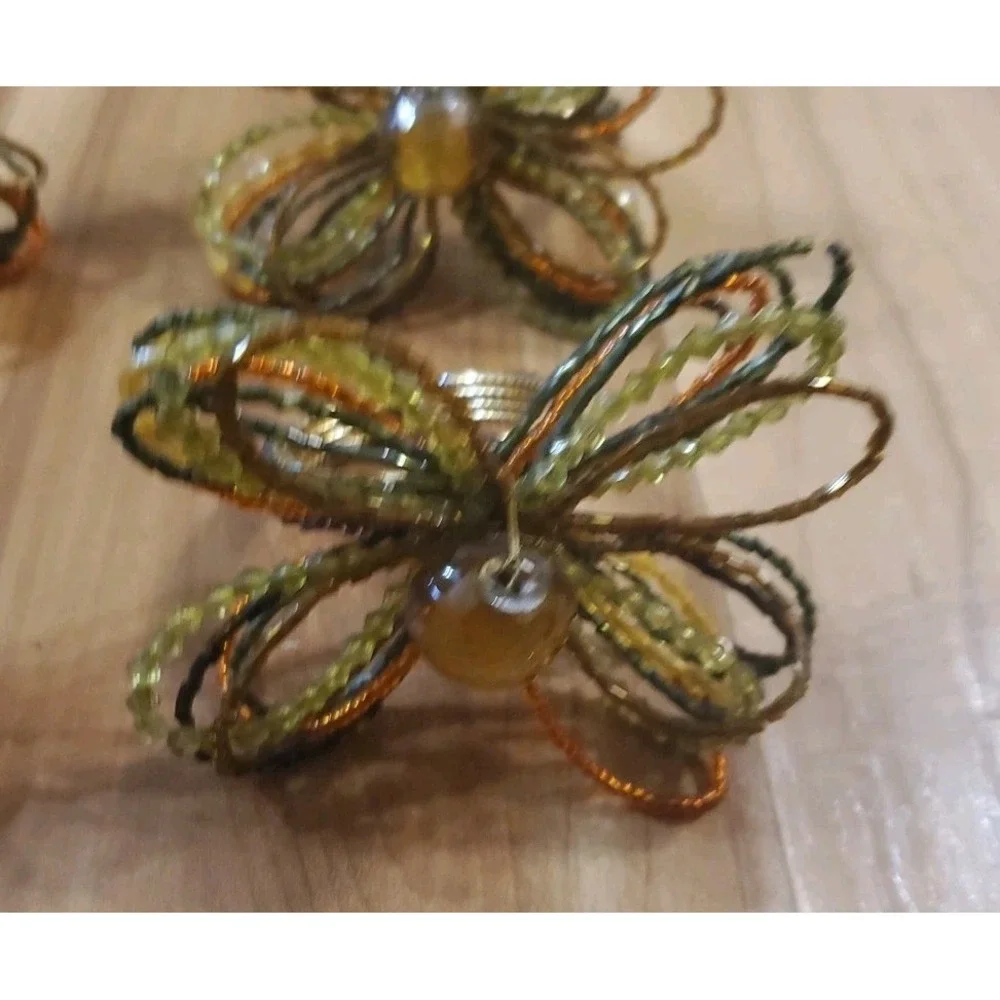 Pier One Beaded Napkin Rings Floral‎ Gold Rust Green Yellow Set Of 4